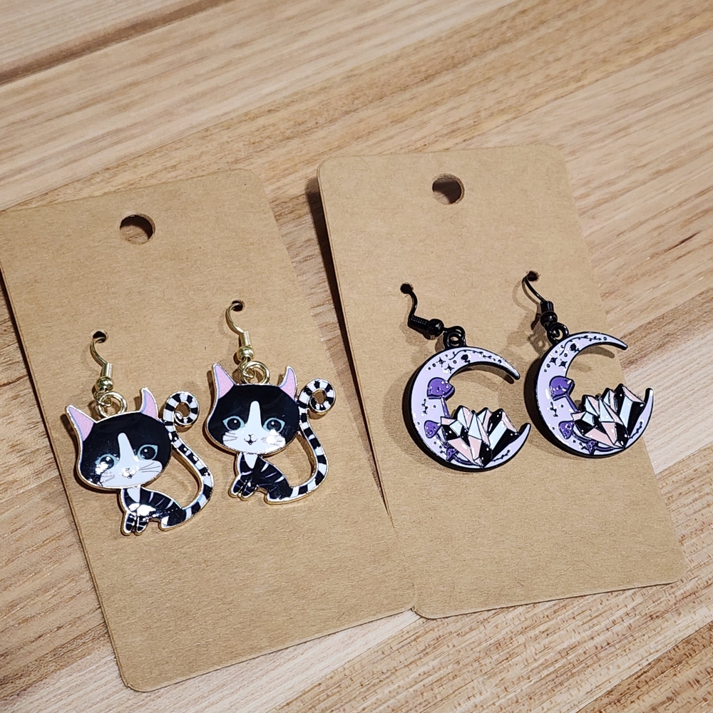 Handmade Set Of 2 Cute Black & Purple Cat and Moon Crystal Mushroom Earrings